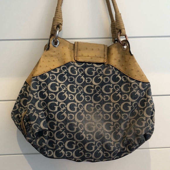 GUESS Denim and Ostrich Logo Satchel - Picture 2 of 4